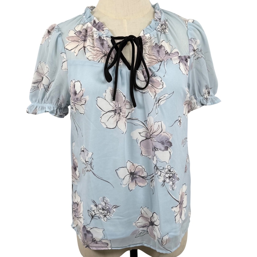 Floral Womens S Blouse Blue Ruffle Tie Neck Puff Sleeve Coquette Whimsical Fairy